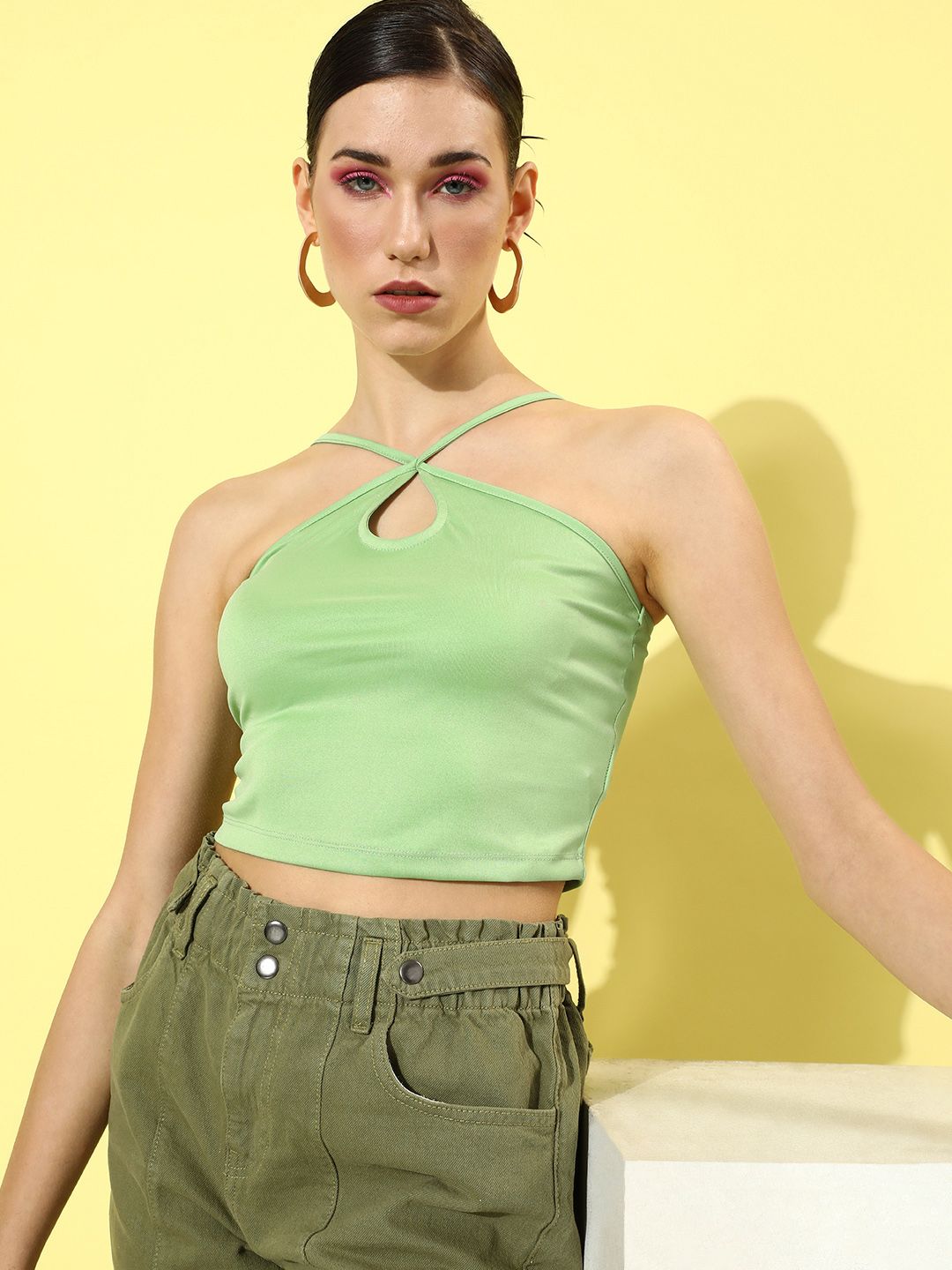 Moda Rapido Mint Green Solid Cut-Out Detail Emo 2.0 Strings Attached Crop Top Price in India