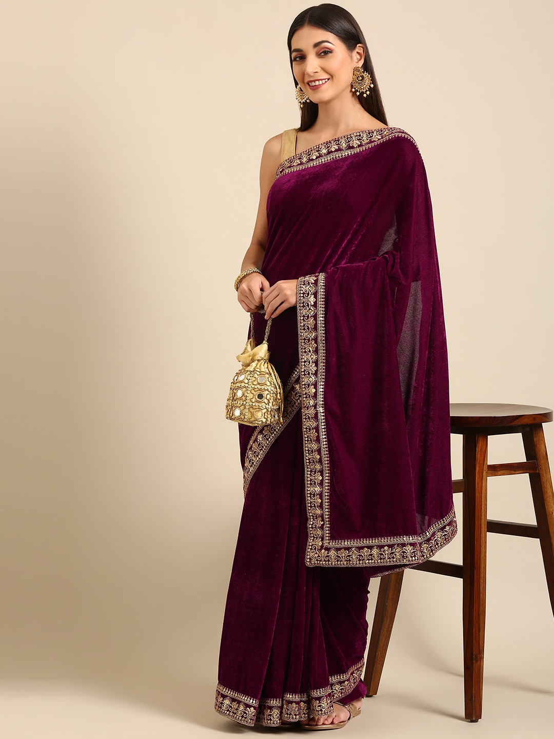 Anouk Magenta Patchwork Velvet Saree Price in India