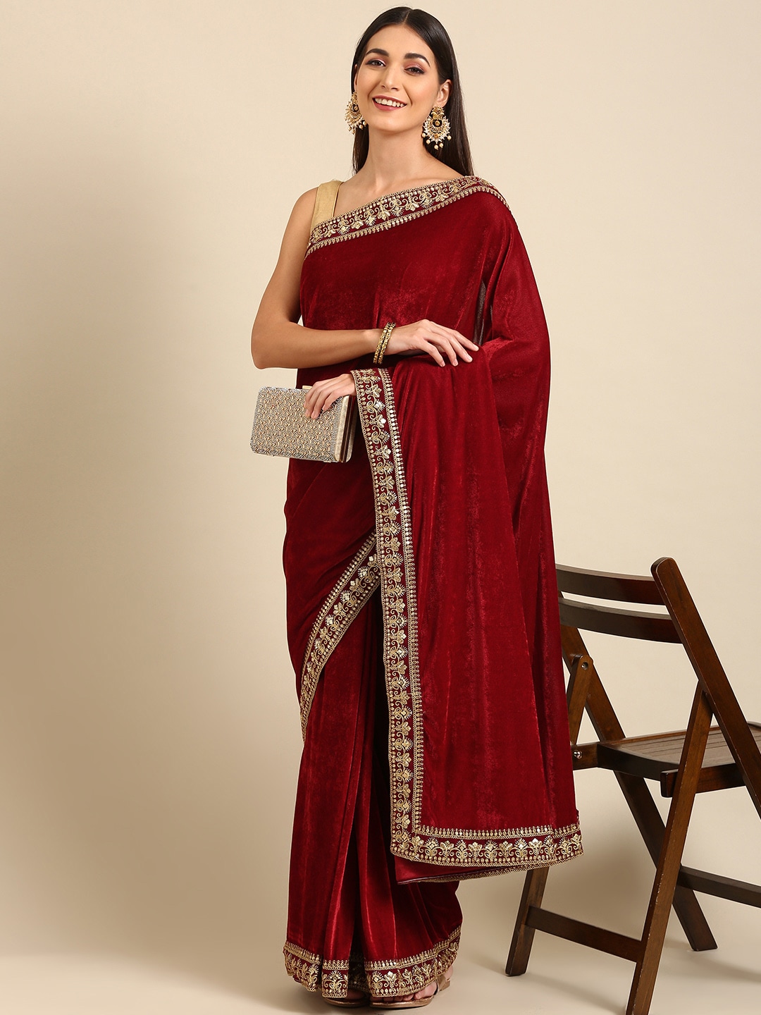 Anouk Maroon Patchwork Velvet Saree Price in India
