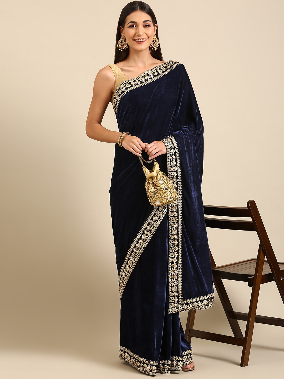 Anouk Navy Blue Patchwork Velvet Saree Price in India