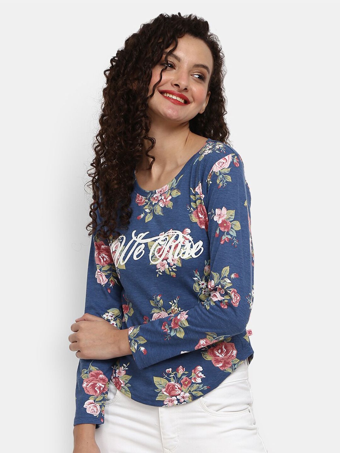 V-Mart Women Navy Blue & Pink Floral Print Pure Cotton Top Price in India