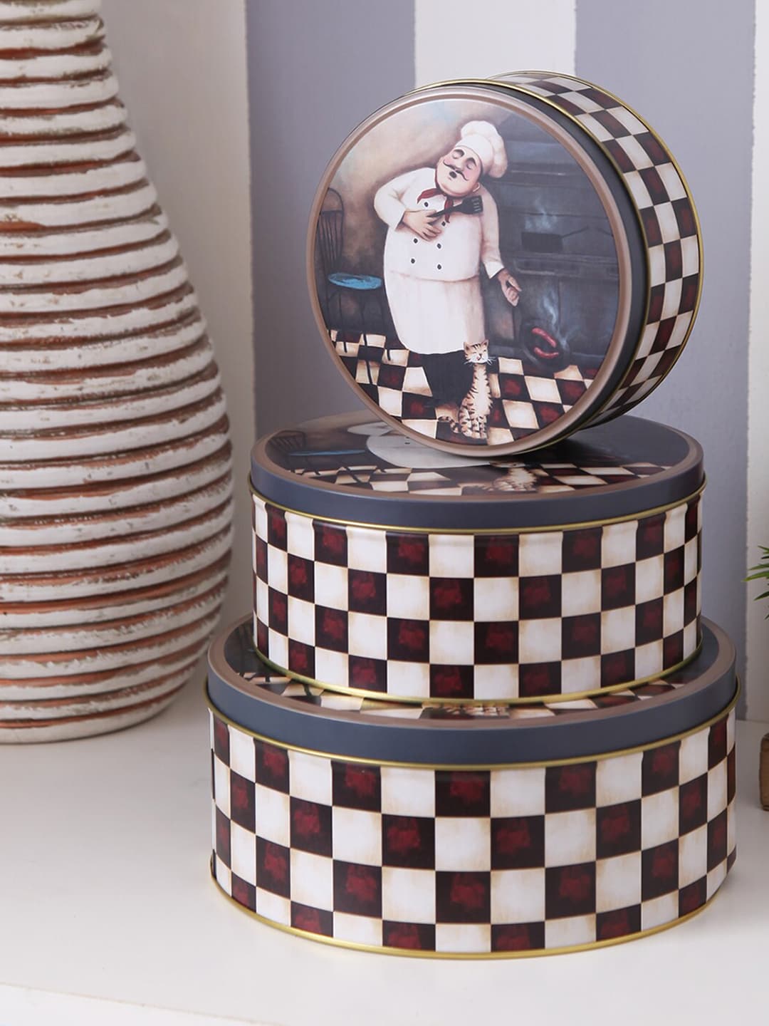 A Vintage Affair- Home Decor Set Of 3 Brown & White Checked Canister Price in India