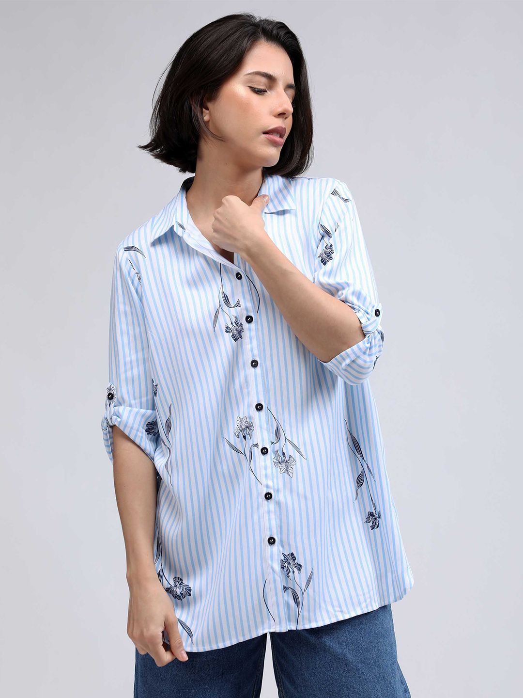IDK Women Blue Striped Roll-Up Sleeves Shirt Style Top Price in India
