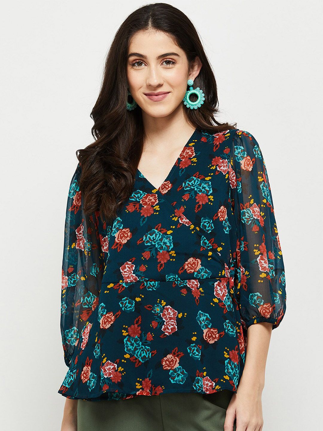 max Women Teal Blue & Red Floral Print Wrap Top Price in India