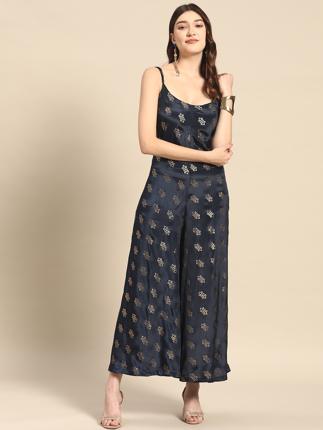 Sangria Navy Blue & Gold-Toned Printed Culotte Jumpsuit Price in India