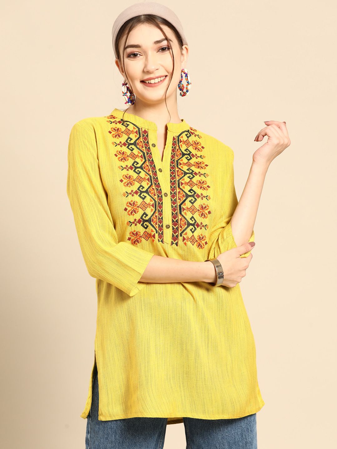 Sangria Yellow & Orange Ethnic Motifs Embroidered Thread Work Thread Work Kurti Price in India