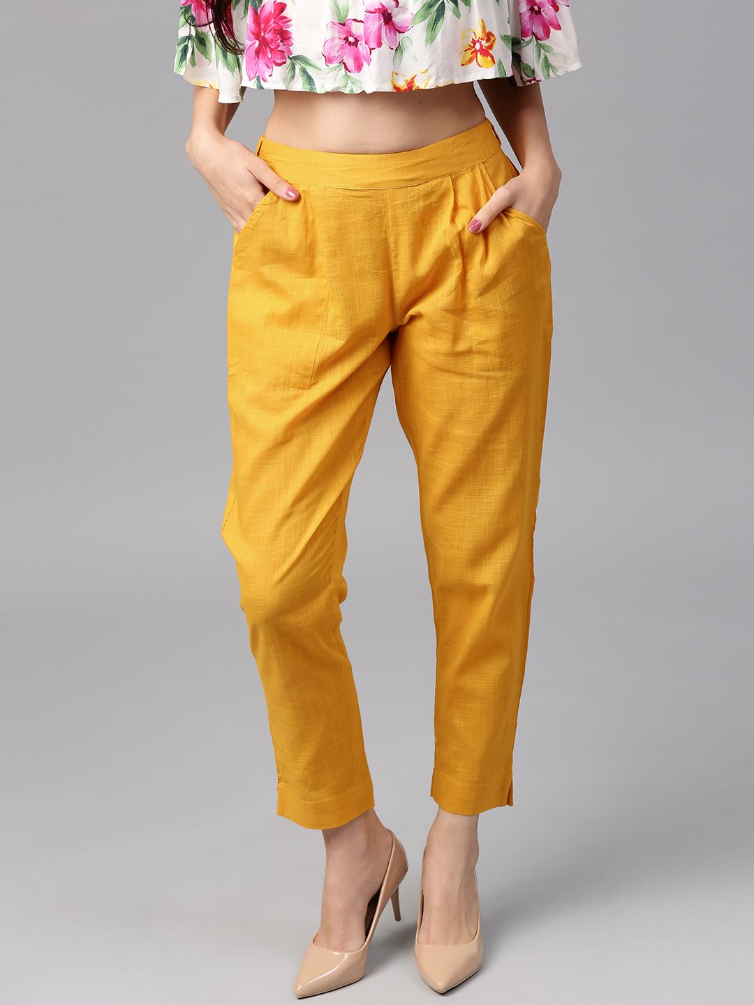 Jaipur Kurti Women Yellow Solid Regular Trousers Price in India