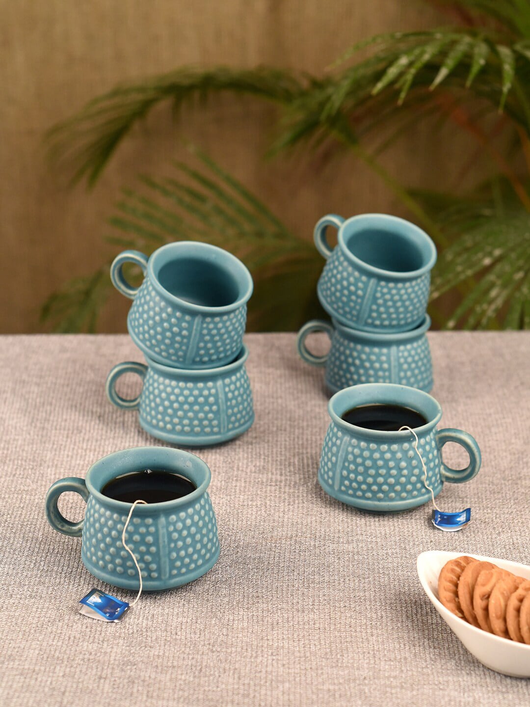 Unravel India Set Of 6 Blue Handcrafted and Hand Painted Textured Ceramic Matte Mugs Price in India