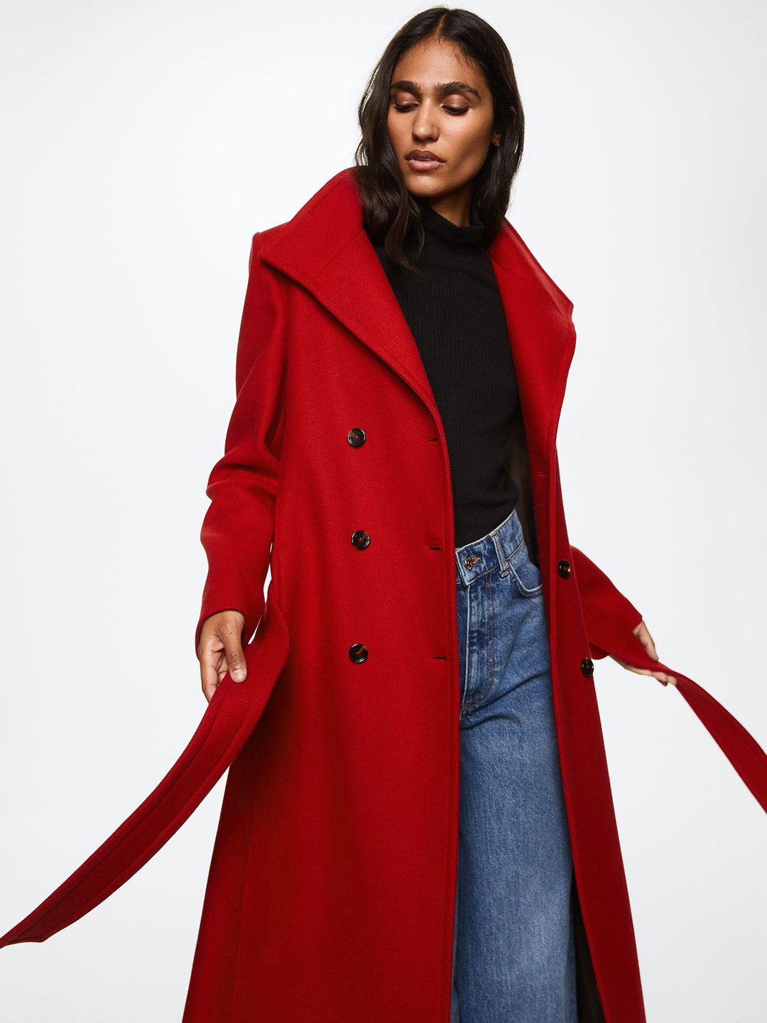 Buy MANGO Women Red Lapel Collar Woollen Longline Sustainable