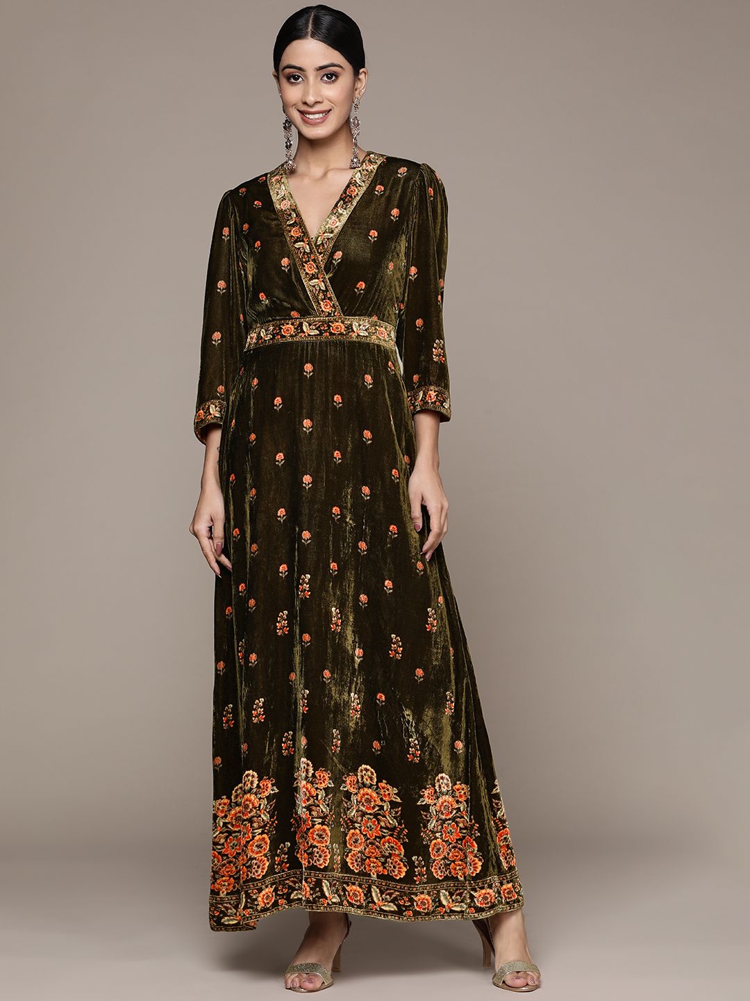 Ritu Kumar Woman Floral Embroidered Velvet A-Line Maxi Dress Price in India