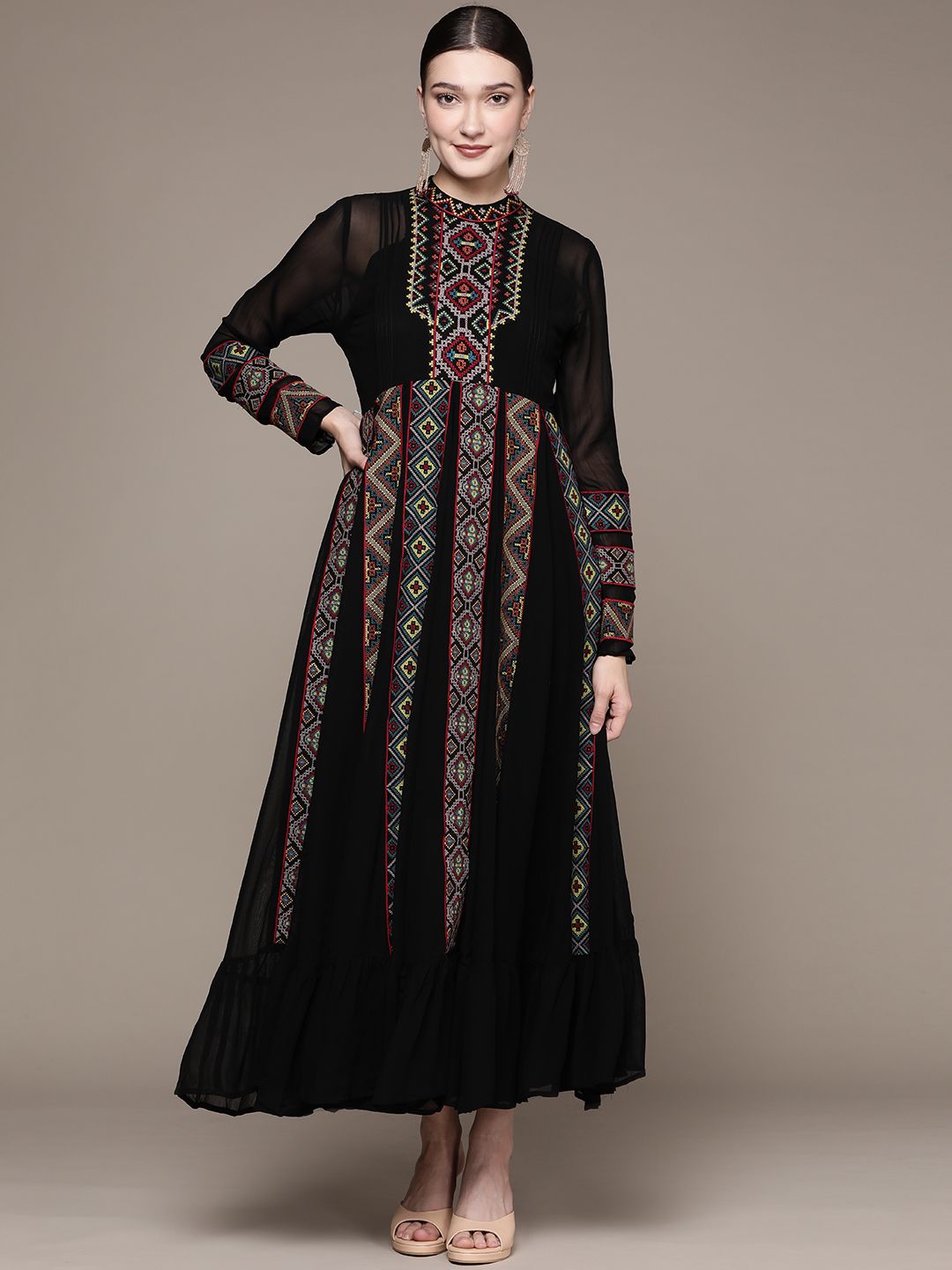 Ritu Kumar Black Embroidered Georgette Maxi Dress Price in India