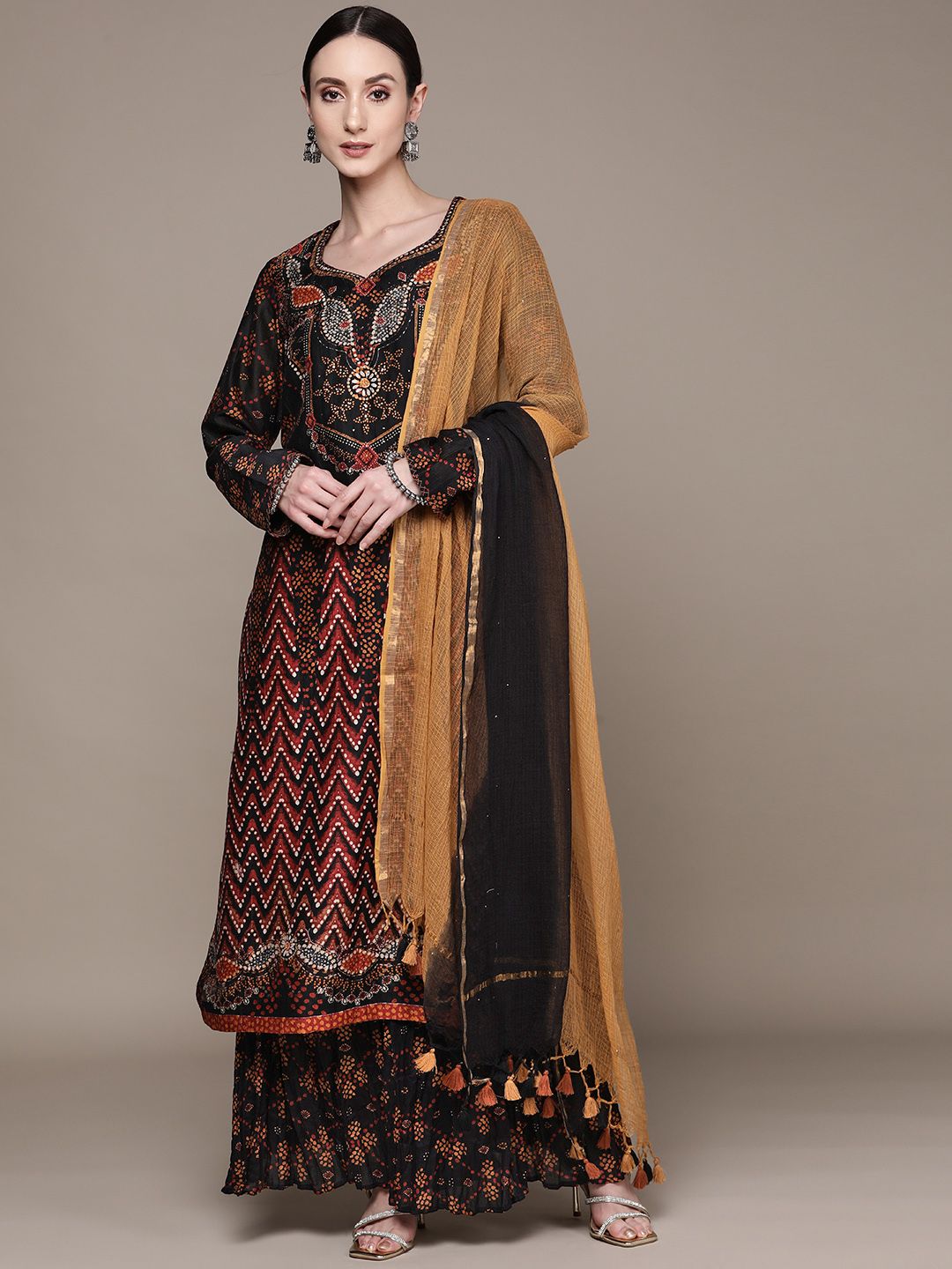 Ritu Kumar Women Black Floral Printed Chanderi Cotton Kurta with Sharara & With Dupatta Price in India