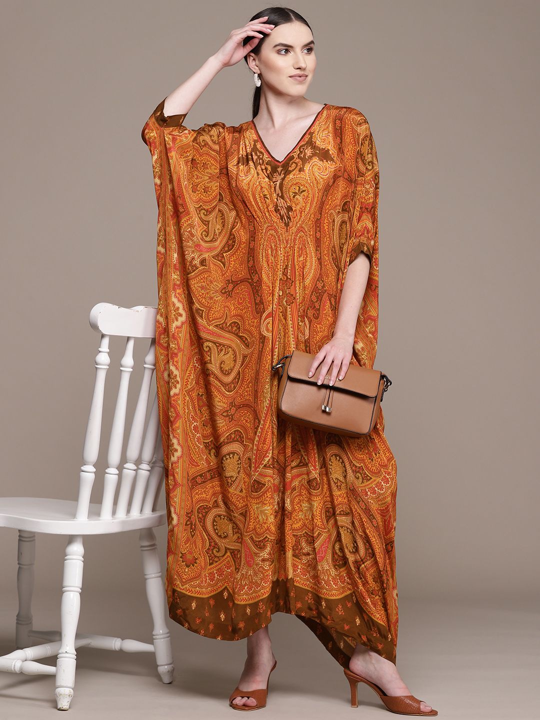 Ritu Kumar Orange & Brown Crepe Ethnic Motifs Print Batwing Sleeve Kaftan Maxi Dress Price in India