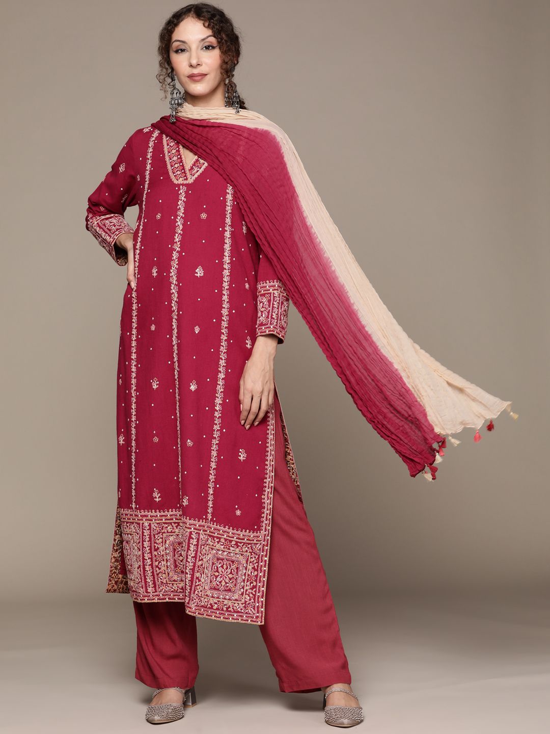 Ritu Kumar Women Red Floral Embroidered Pure Cotton Kurta Set Price in India