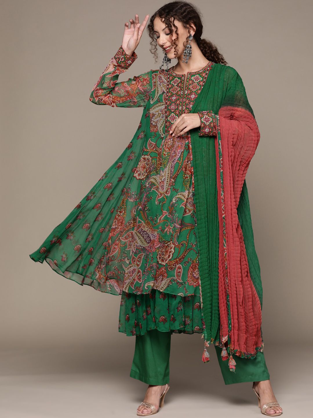 Ritu Kumar Women Green Floral Embroidered Kurta Set Price in India