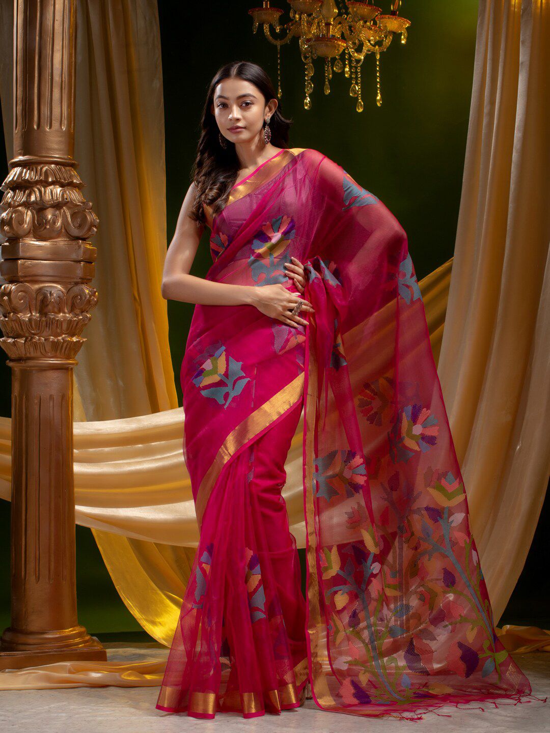 Mitera Pink & Blue Ethnic Motifs Zari Pure Silk Saree Price in India