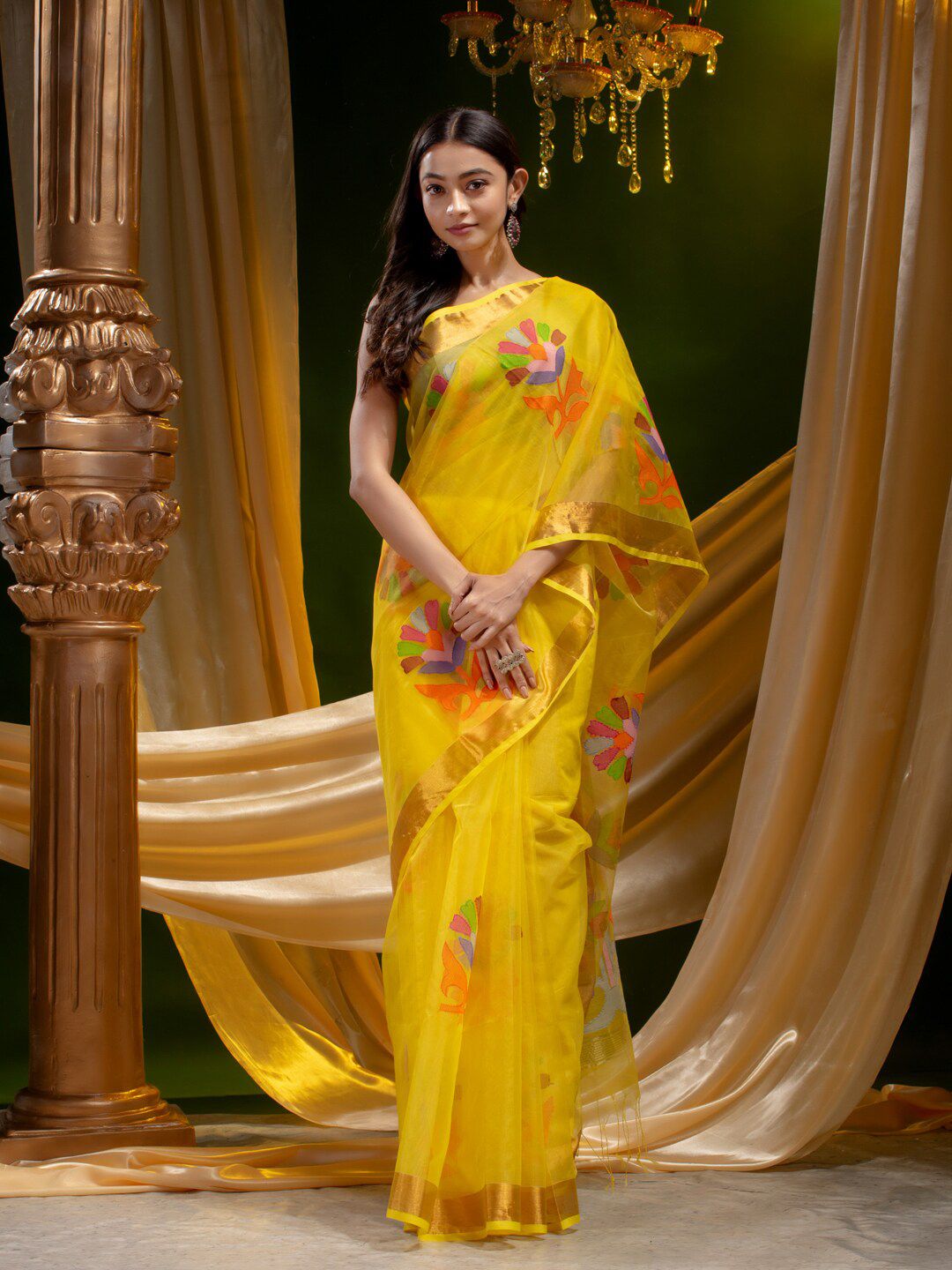 Mitera Yellow & Purple Floral Zari Pure Silk Heavy Work Saree Price in India