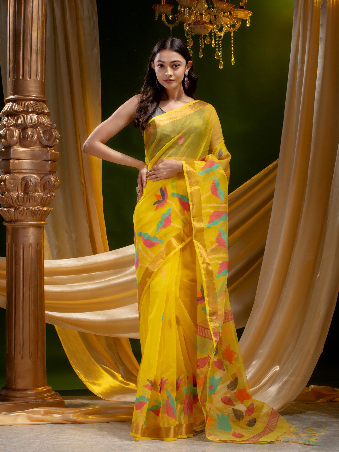 Mitera Women Yellow & Blue Floral Zari Pure Silk Jamdani Saree Price in India