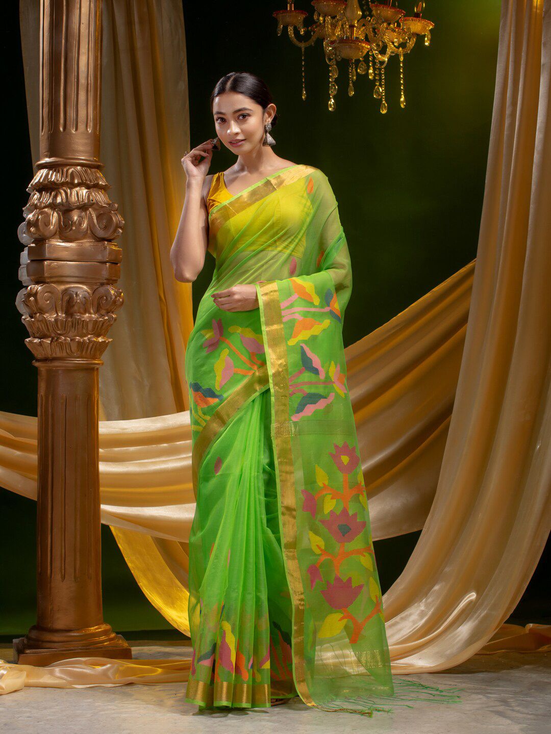 Mitera Green & Pink Woven Design Pure Silk Saree Price in India