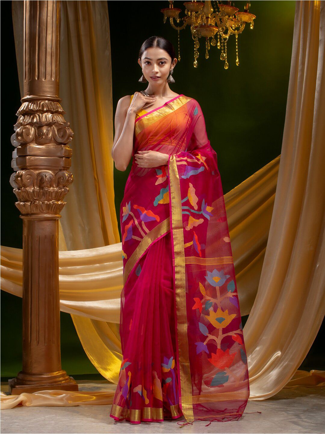 Mitera Pink & Yellow Woven Design Zari Pure Silk Jamdani Saree Price in India