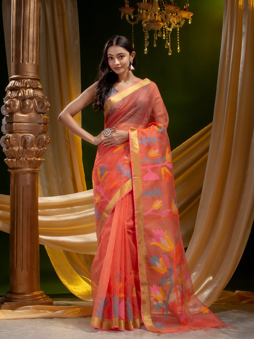 Mitera Peach-Coloured & Yellow Floral Pure Silk Heavy Work Saree Price in India