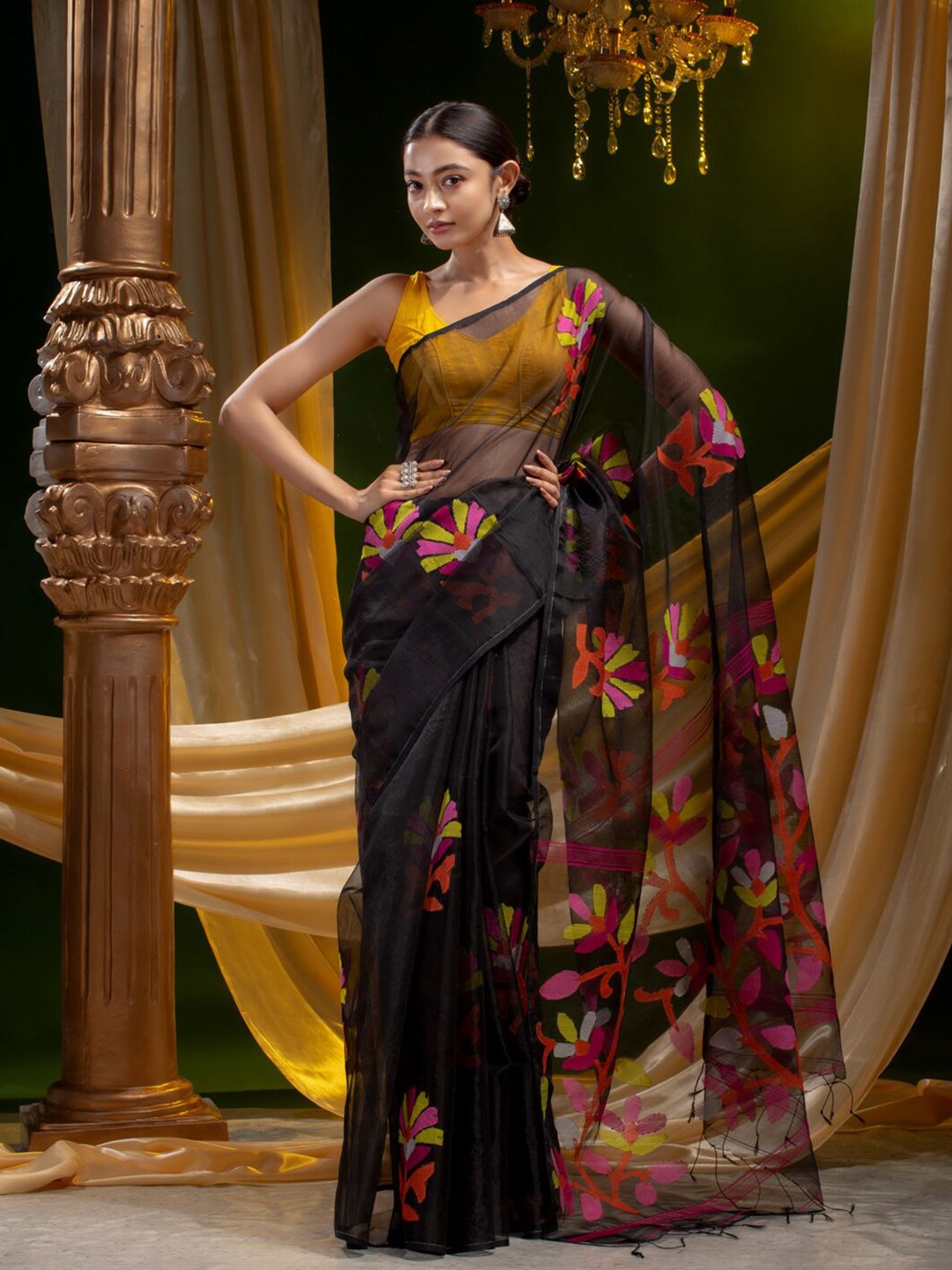 Mitera Black & Yellow Woven Design Pure Silk Saree Price in India