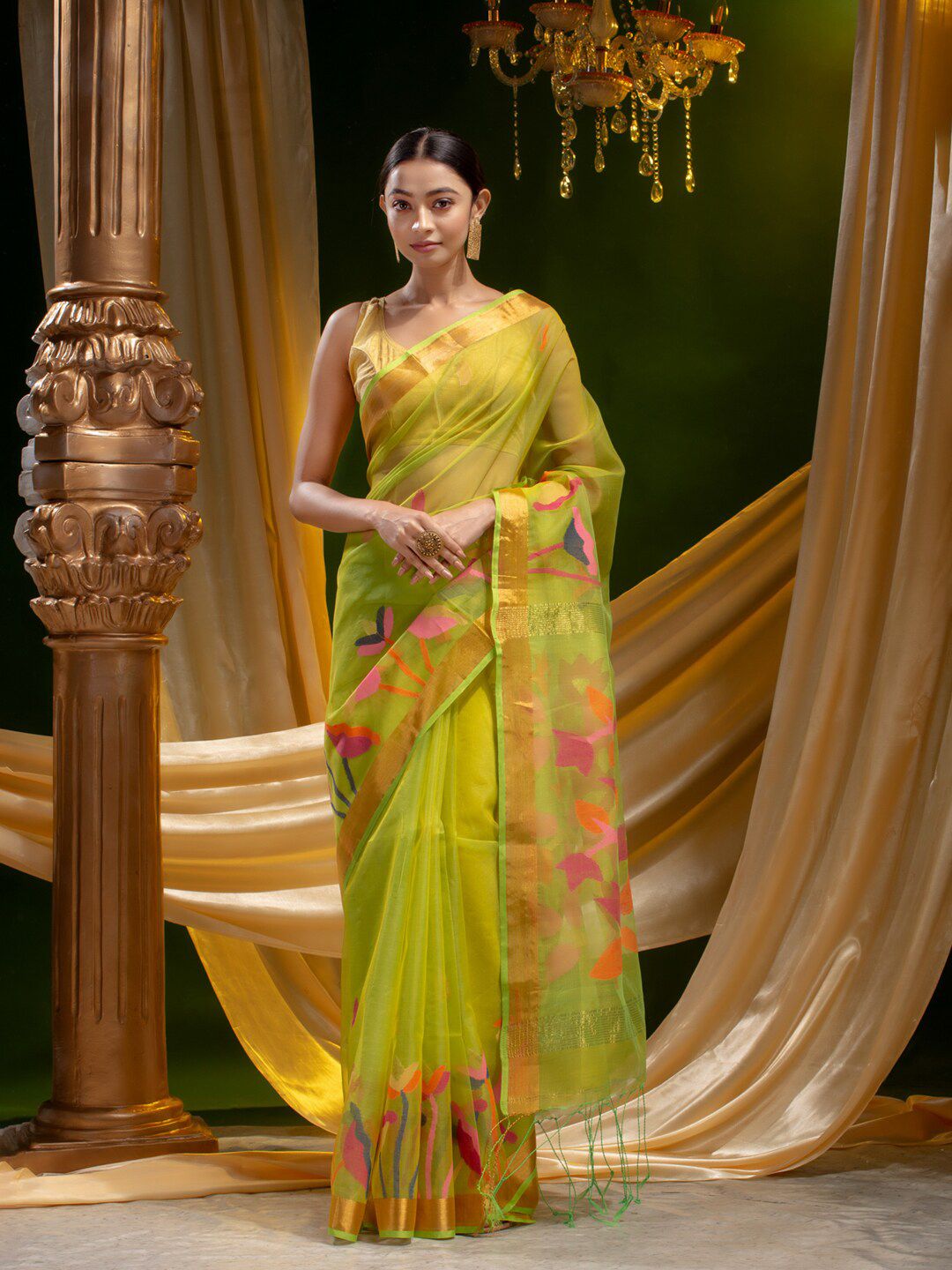 Mitera Lime Green & Pink Woven Design Zari Pure Silk Saree Price in India