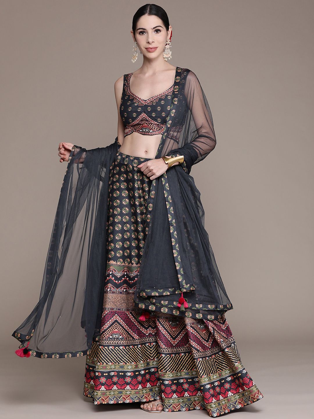 aarke Ritu Kumar Navy Blue & Green Printed Ready to Wear Lehenga & Blouse With Dupatta Price in India