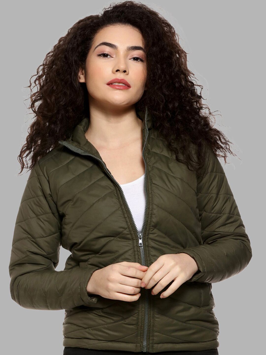 PINACOLADA Women Olive Green Windcheater Outdoor Puffer Jacket