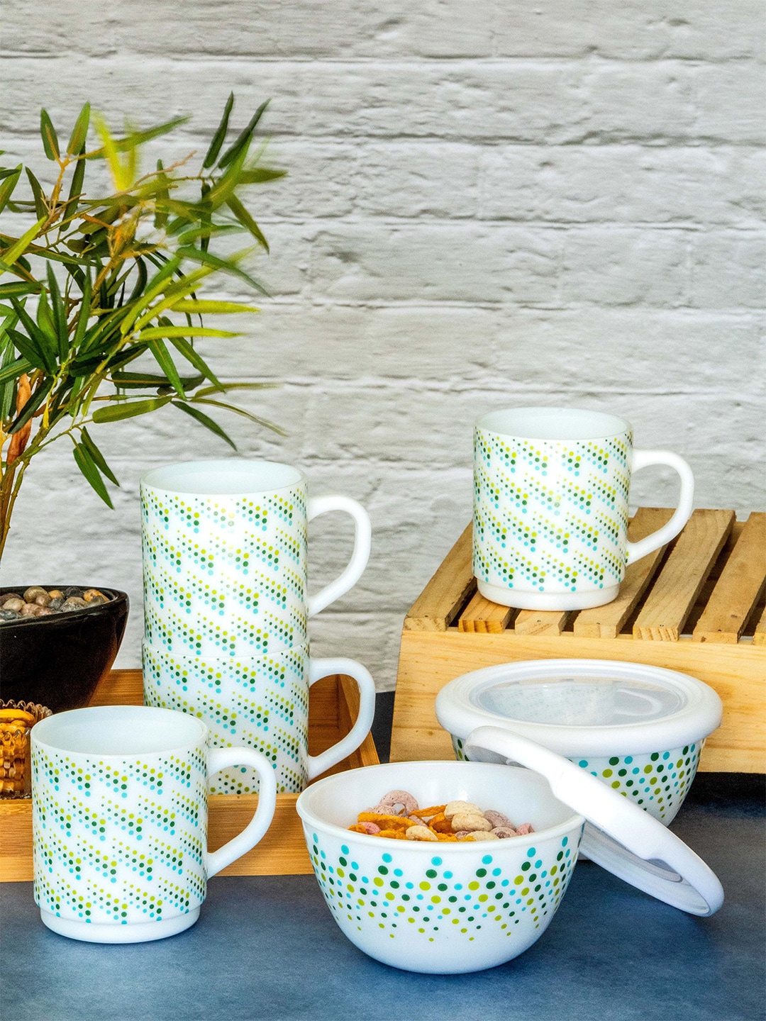 Cello White & Green Set of 4 Printed Opalware Glossy Mug & 2pcs Mixing Bowl with Lid Price in India