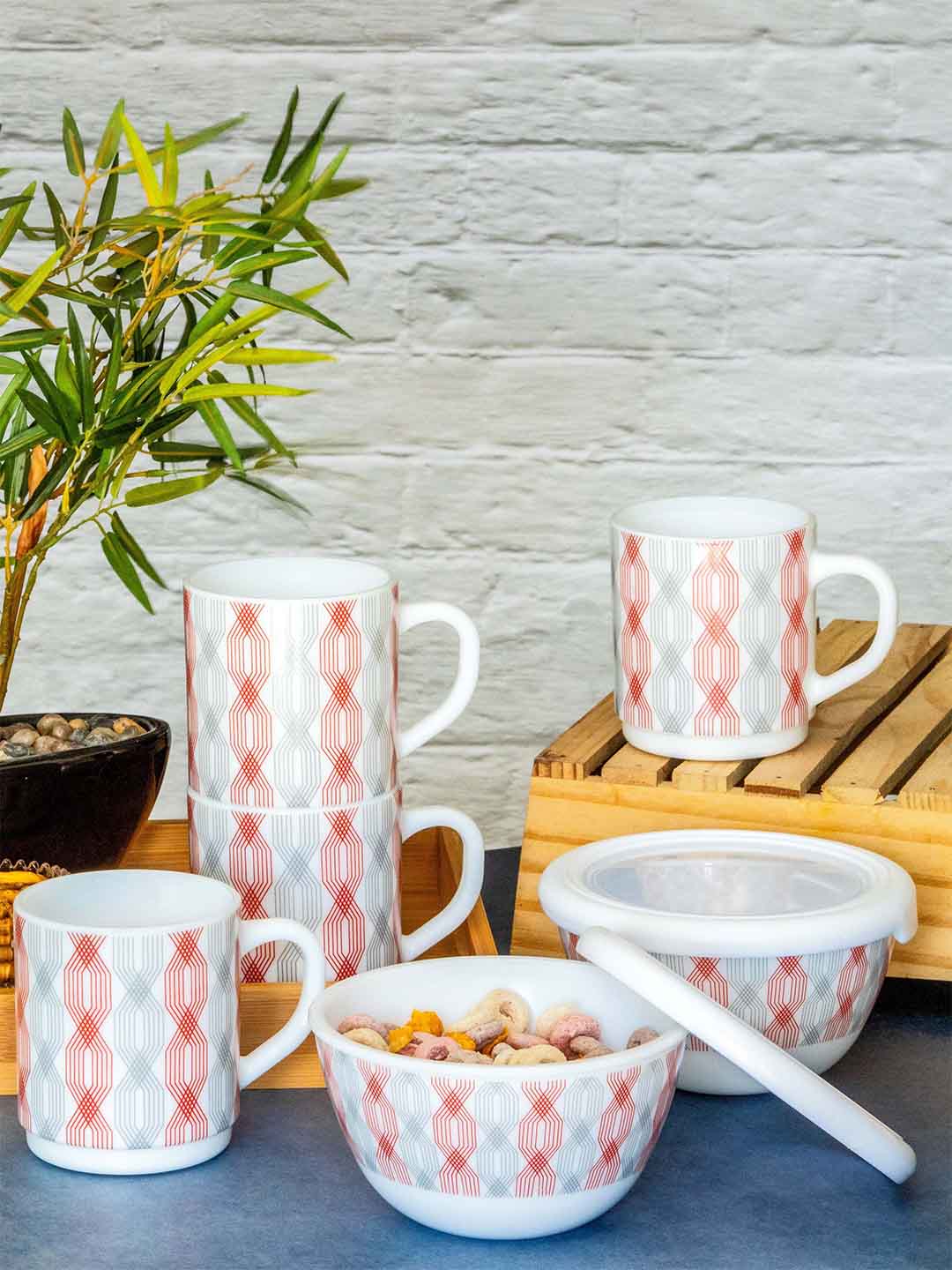 Cello White & Red Red Red Ethnic Motifs Printed Opalware Glossy Mug and Bowl Set of Cups and Mugs Price in India