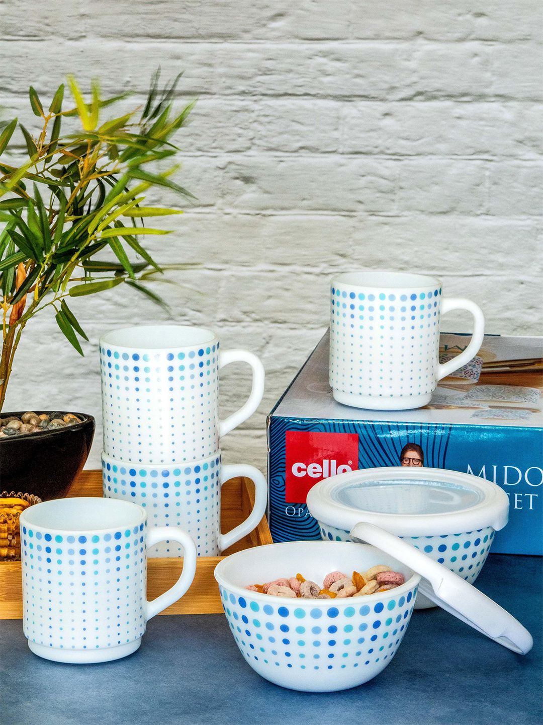 Cello White & Blue Blue Blue Ethnic Motifs Printed Opalware Glossy Mug and Bowl Set of Cups and Mugs Price in India