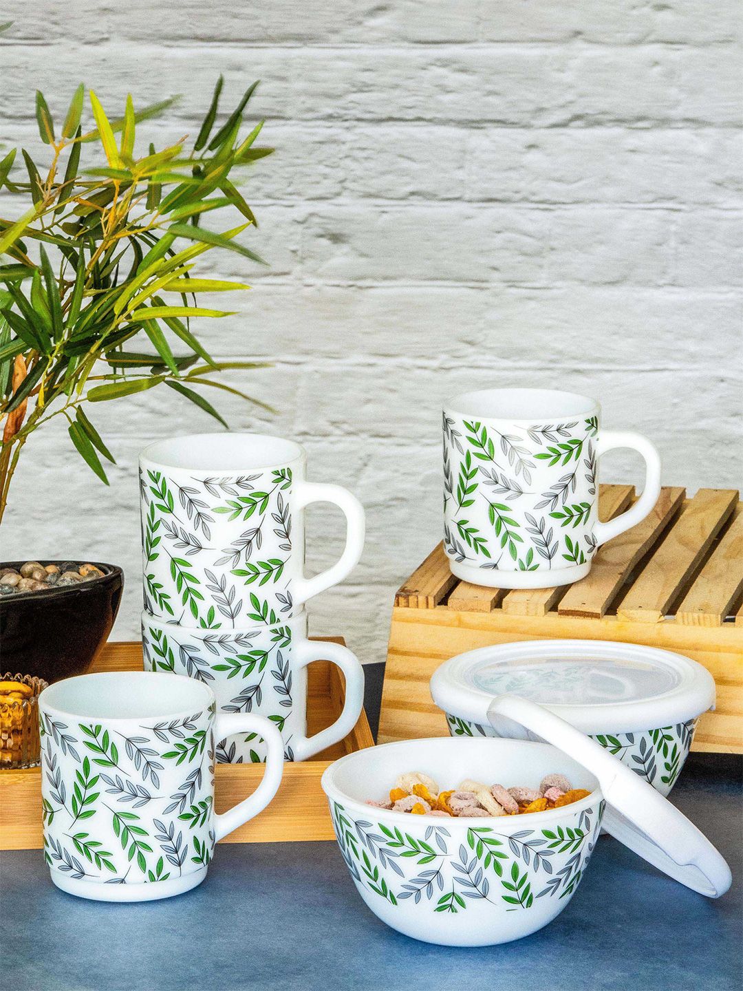 Cello Set of 4 White & Green Ethnic Motifs Printed Mugs & 2pcs Mixing Bowl with Lid Price in India