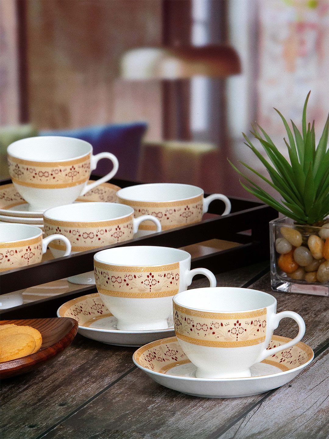 SONAKI White & Yellow Printed Bone China Glossy Cups and Saucers Set of 12 Cups and Mugs Price in India
