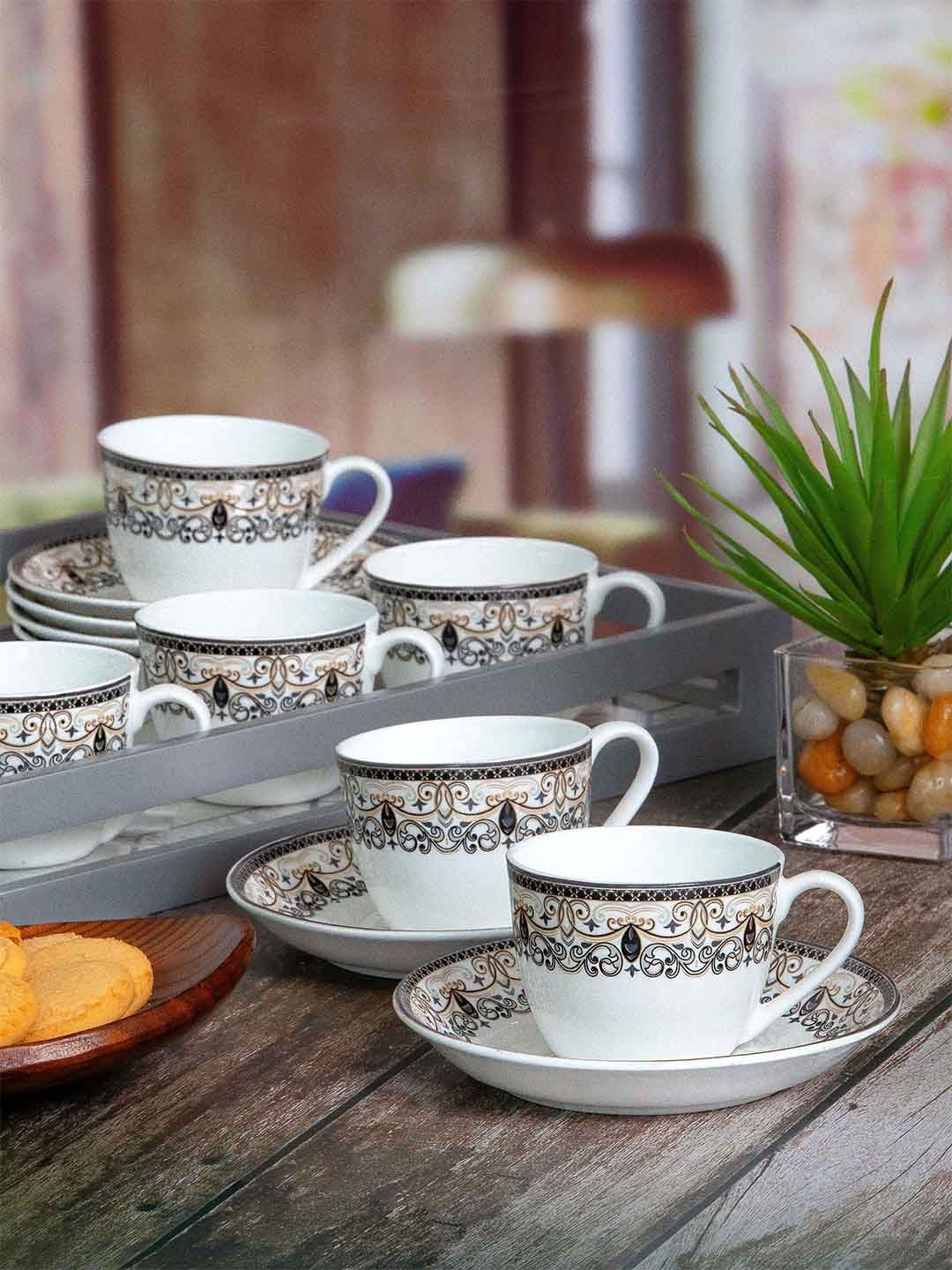 SONAKI White & Gold-Toned Set of 12 Ethnic Motif Printed Glossy Cups and Saucers and Mugs Price in India