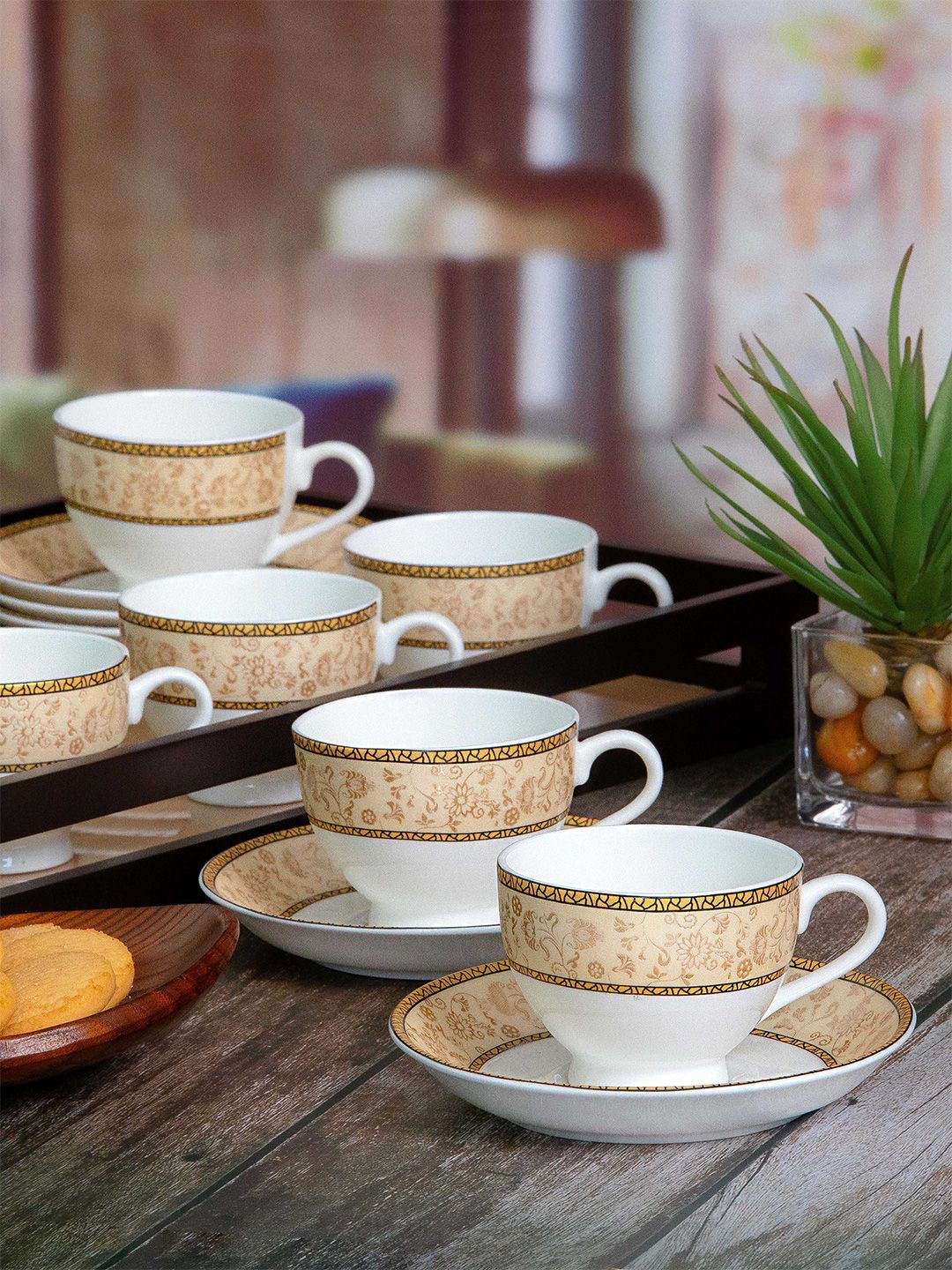 SONAKI Set Of 12 White & Gold Printed Bone China Glossy Cups and Saucers Price in India