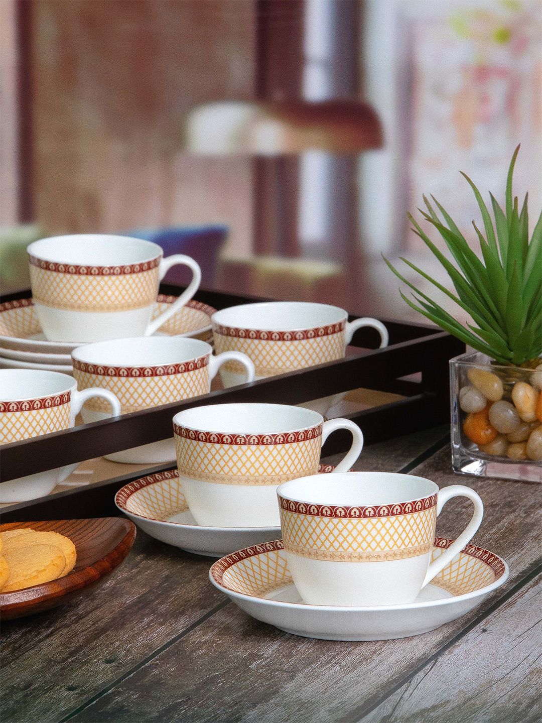 SONAKI Set of 12 White & Gold-Toned Geometric Printed Bone China Glossy Cups and Saucers Price in India