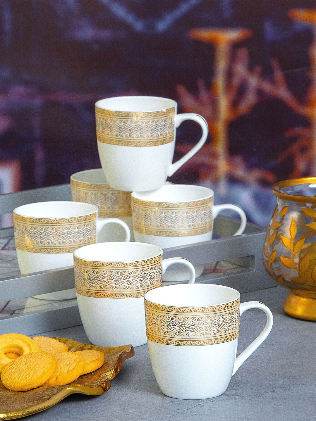SONAKI Set Of 6 White & Gold-Toned Ethnic Motifs Printed Bone China Glossy Mugs Price in India