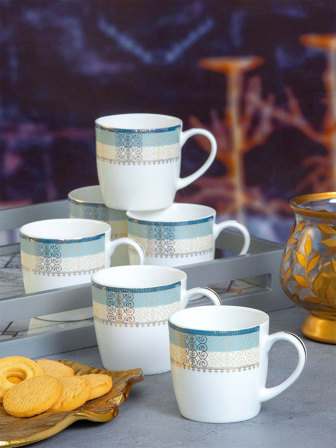 SONAKI White & Gold-Toned Gold-Toned Gold-Toned Ethnic Motifs Printed Bone China Glossy Mugs Set of Cups and Mugs Price in India