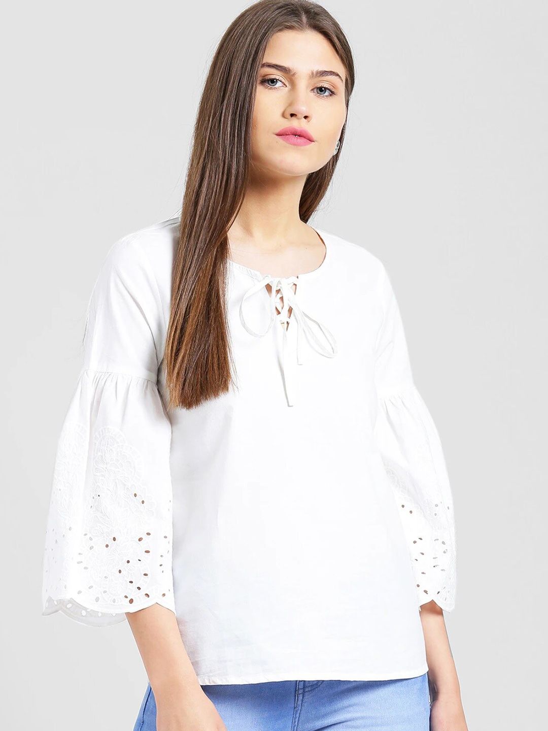 Be Indi Women Off White Tie-Up Neck Top Price in India