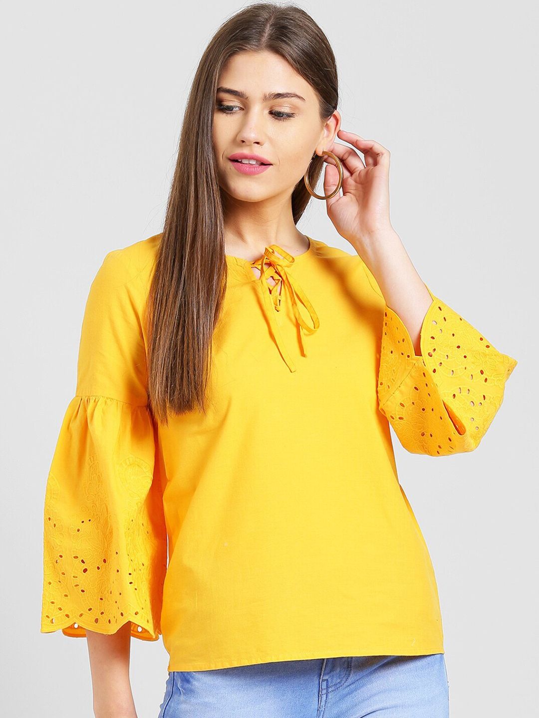 Be Indi Mustard Yellow Tie-Up Neck Top Price in India
