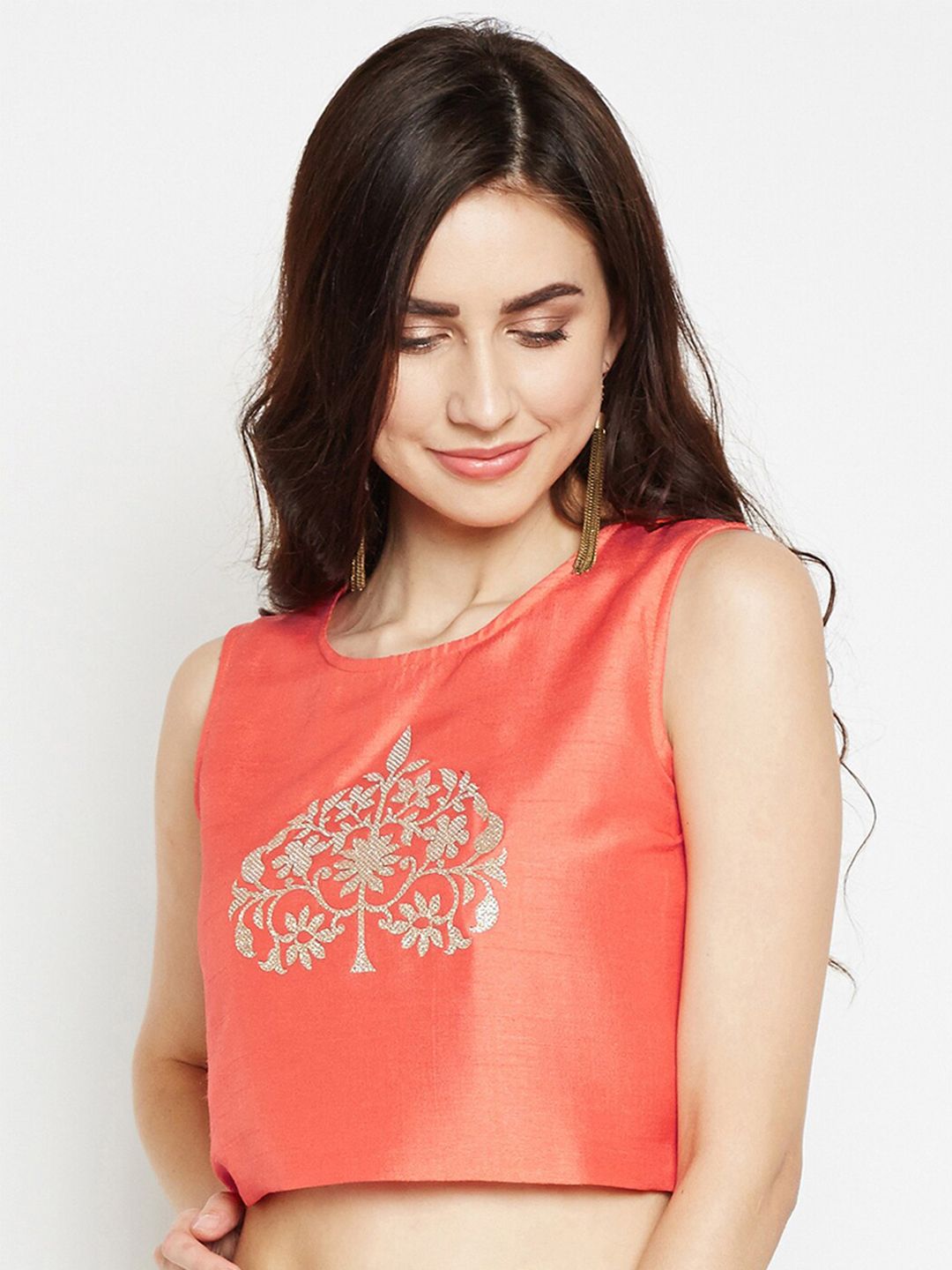 Be Indi Orange Floral Embroidered Satin Crop Top Price in India