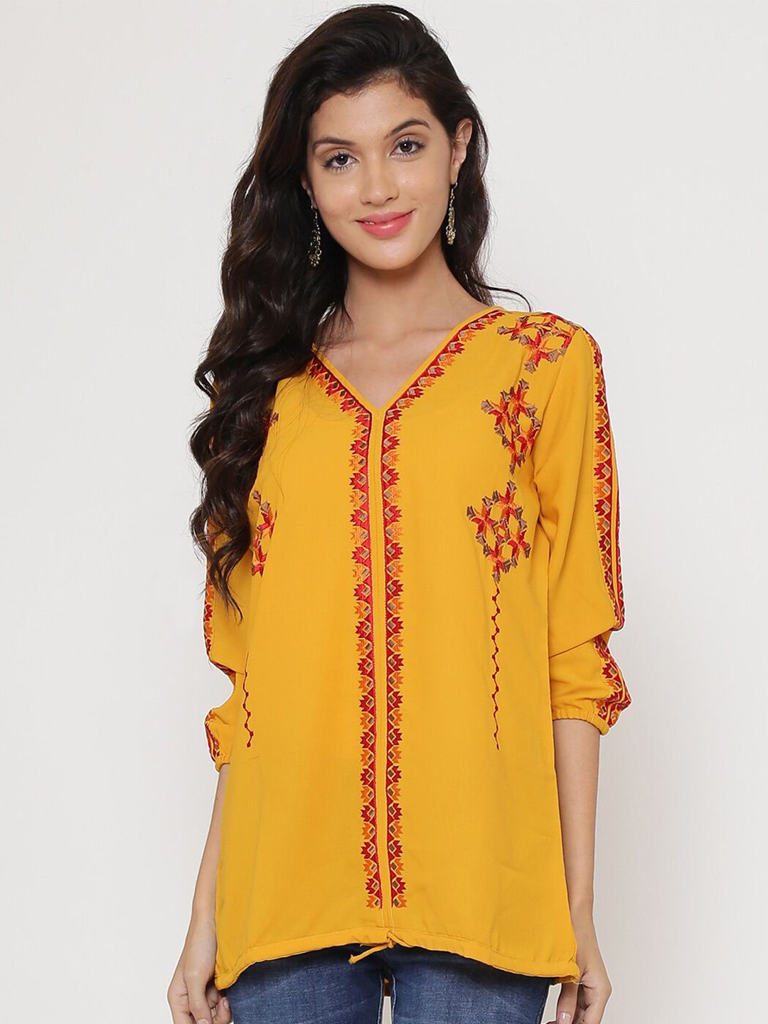 Be Indi Women Mustard Yellow & Red Embroidered Top Price in India