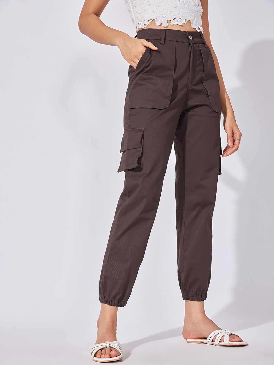 The Label Life Women Brown Cropped Cotton Cargos Trousers Price in India