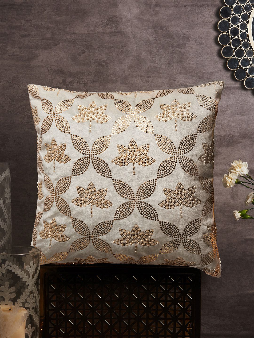 HomeTown Off White & Gold-Toned Floral Embellished Velvet Square Cushion Cover Price in India