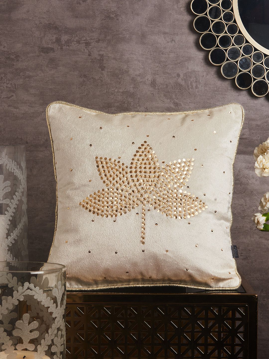 HomeTown Off White & Gold-Toned Lotus Pearl Embroidered Velvet Square Cushion Covers Price in India