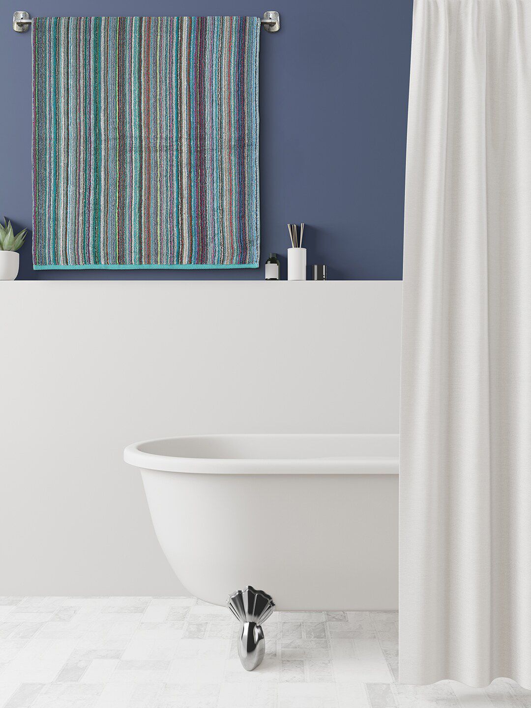 Urban Magic Blue Striped 445 GSM Pure Cotton Bath Towel Price in India