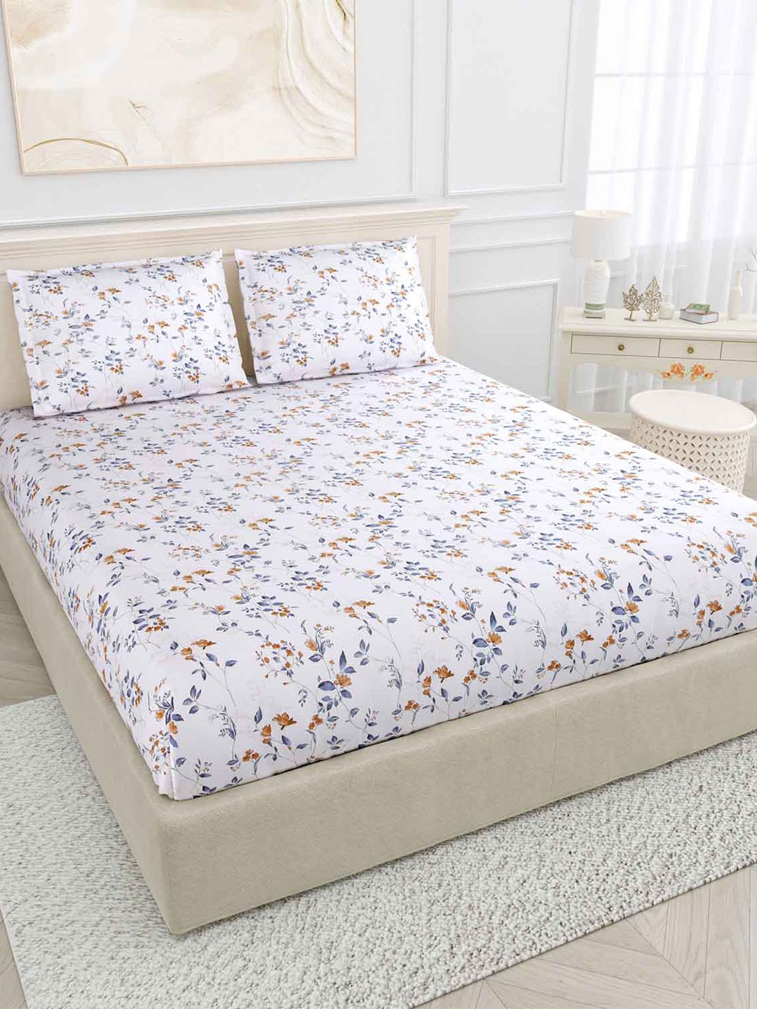 haus & kinder Coffee Brown & White Floral 186 TC King Bedsheet with 2 Pillow Covers Price in India