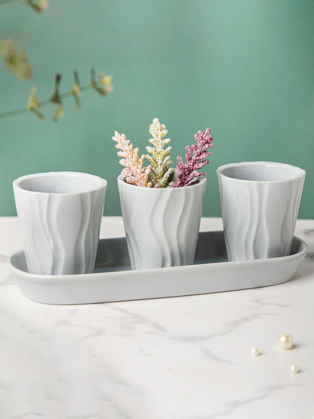 Nestasia Set Of 3 Grey Textured Ceramic Planter With Coaster Price in India