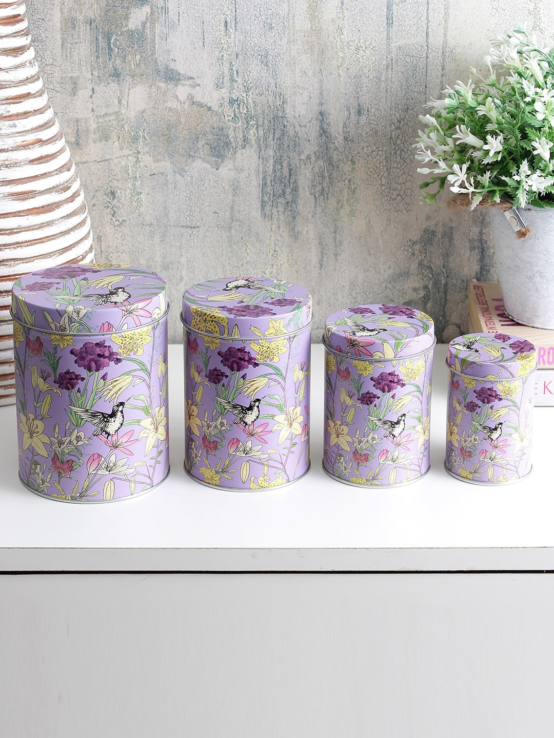 A Vintage Affair- Home Decor Set Of 4 Purple Printed Metal Kitchen Storage Organisers Price in India